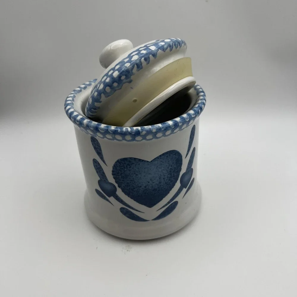 Vintage 1980s Blue Heart Ceramic Canister | Farmhouse Country Kitchen